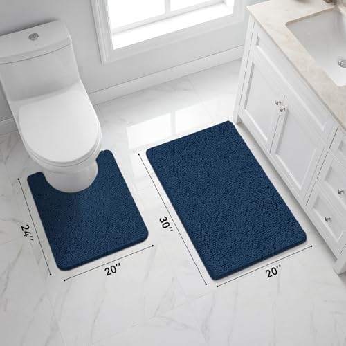 Bcoimo U Shaped Bath Rug Mat Set,2 Piece Chenille Navy Toilet Bathroom Rugs