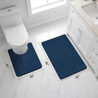 Bcoimo U Shaped Bath Rug Mat Set,2 Piece Chenille Navy Toilet Bathroom Rugs