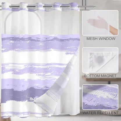 No Hook Shower Curtain with Liner, Purple Stripe, 71x84 Inch
