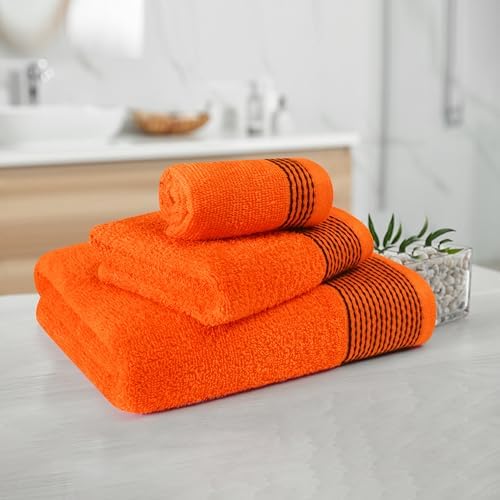 Belizzi Home Ultra Soft 3 Pack Cotton Towel Set, Contains a Bath Towel 28x55 inch, a Hand Towel 16x24 inch & a Wash Coth 12x12 inch, Ideal Everyday use, Compact & Lightweight -Orange