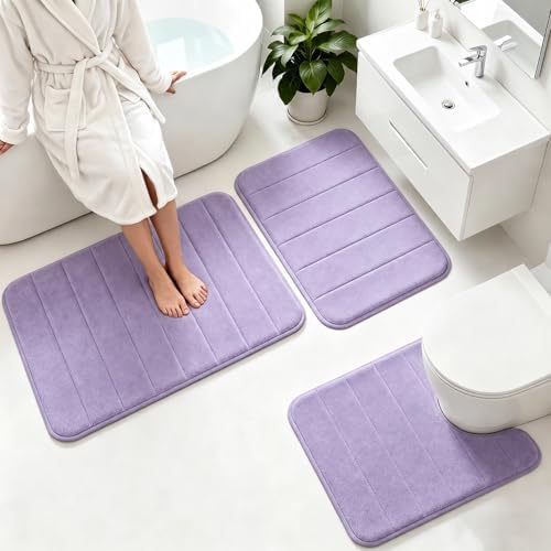 Memory Foam Bath Mat Set 3 Piece，Super Soft Absorbent Bathroom Rug Non Slip, Quick Dry,Machine Wash, Perfect Plush Bathroom Rugs,Home Decor Accessories,Lavender Purple