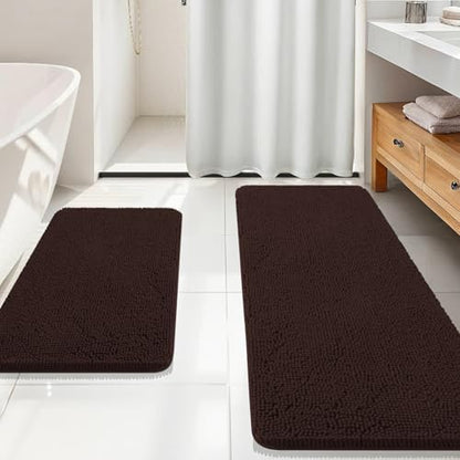OLANLY Chenille Bathroom Rugs Mats Sets 2 Piece, 59"x20"+30"x20", Brown