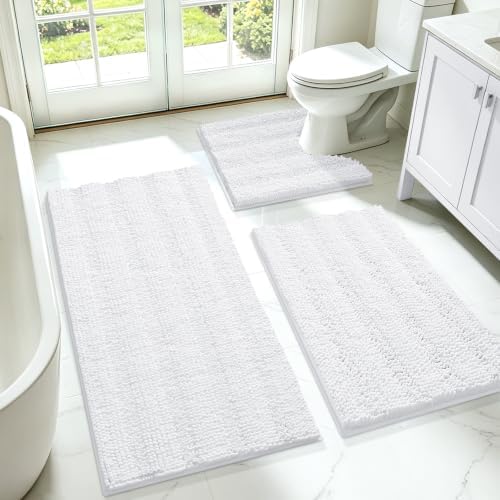 ACCUMTEK Striped White Bathroom Rug Set 3 Pieces Ultra Soft, Non Slip Chenille Toilet Mat, Absorbent Plush Shaggy Bath Mats for Bathroom, Bedroom, Kitchen, Ivory