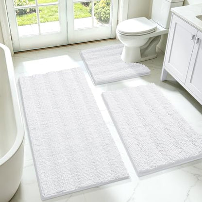 ACCUMTEK Striped White Bathroom Rug Set 3 Pieces Ultra Soft, Non Slip Chenille Toilet Mat, Absorbent Plush Shaggy Bath Mats for Bathroom, Bedroom, Kitchen, Ivory