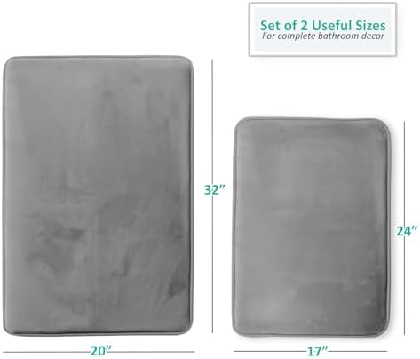 Clara Clark 2 Piece Bathroom Rug Set - Memory Foam, Bath Mat Set, Plush, Cozy, Ultra Soft, Non Slip, Machine Washable, Quick Dry - 24” x 17”+ 32” x 20” - Medium Grey