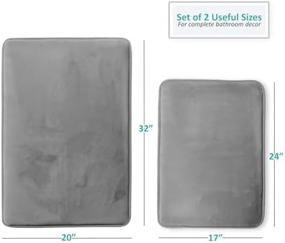 Clara Clark 2 Piece Bathroom Rug Set - Memory Foam, Bath Mat Set, Plush, Cozy, Ultra Soft, Non Slip, Machine Washable, Quick Dry - 24” x 17”+ 32” x 20” - Medium Grey