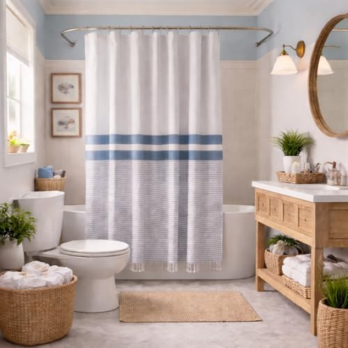 Serafina Home Nautical Striped Blue, Gray & White Cotton Shower Curtain