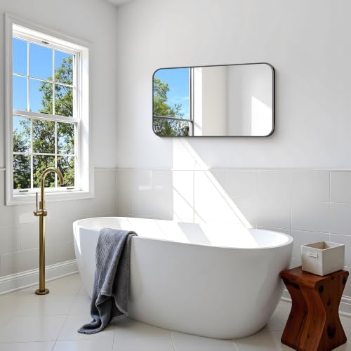 BONEWEI 20x36 inch Bathroom Mirror,Black Rectangle Mirror,Wall Mounted Bathroom Frame Vanity Mirror with Round Corner for Bedroom Living Room,Entryway Hangs Horizontal or Vertical
