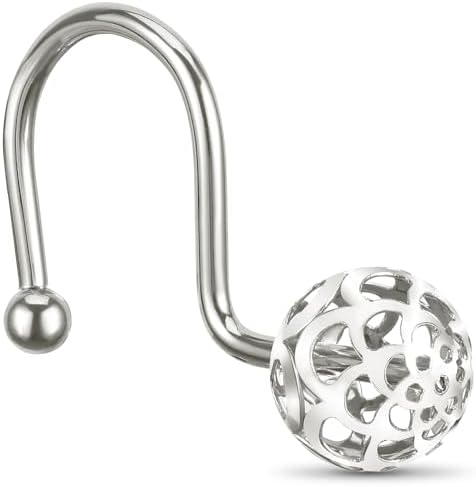 Chictie Nickel Shower Curtain Hooks - Decorative Shower Curtain Rings,Set of 12 Silver Metal Rustproof Shower Hangers for Bathroom Curtains Rods Hollow Ball Design