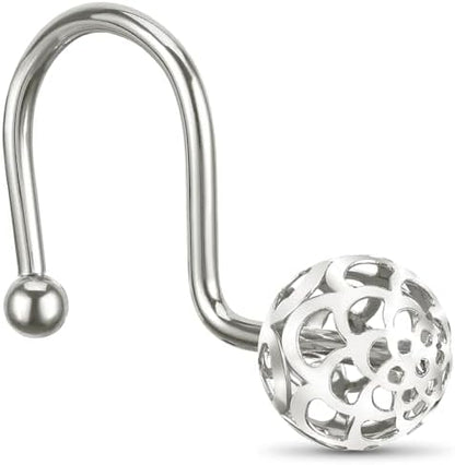 Chictie Nickel Shower Curtain Hooks - Decorative Shower Curtain Rings,Set of 12 Silver Metal Rustproof Shower Hangers for Bathroom Curtains Rods Hollow Ball Design