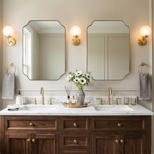 MIRRORART 20x28’’ Scalloped Gold Bathroom Mirror, Brushed Brass Metal Framed Decorative Wall Mirror, Elegant Rectangle Vanity Mirror for Bathroom, Bedroom & Entryway, Modern Farmhouse Home Remodel