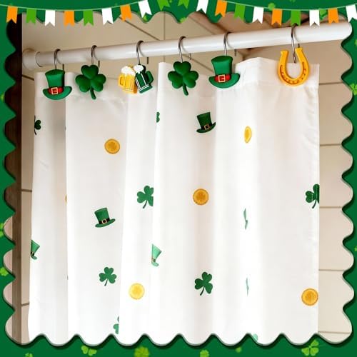 Thyle 12 Pcs St Patrick's Day Shower Curtain Hooks, Irish Ornament Rings with Shamrock Green Hat Horseshoe Beer Mug Curtain Hangers Irish Decorative for Home Holiday Bathroom Bedroom Accessories Decor