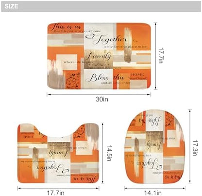 Beige Orange Abstract Oil Quotes 4Pcs Bathroom Shower Curtain Set with Rugs