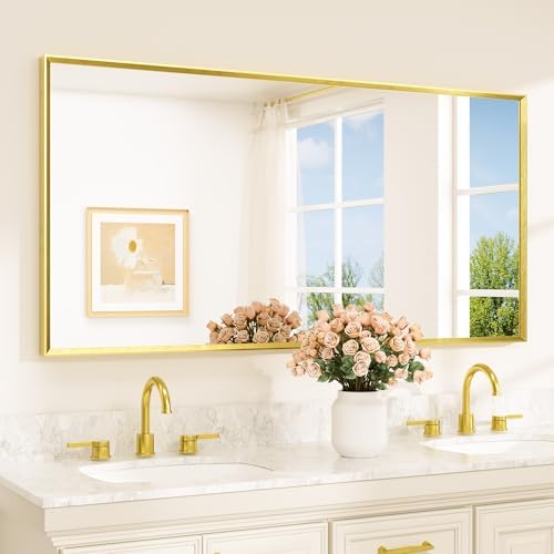 TETOTE Brushed Gold Mirror Beveled Frame 60" x 30" Large Brass Gold Rectangle Bathroom Vanity Wall Mirror for Over Sink, Modern Farmhouse, Tempered Glass, Shatterproof, Stronger Frame