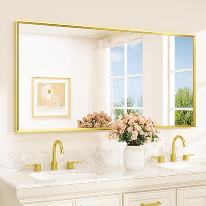 TETOTE Brushed Gold Mirror Beveled Frame 60" x 30" Large Brass Gold Rectangle Bathroom Vanity Wall Mirror for Over Sink, Modern Farmhouse, Tempered Glass, Shatterproof, Stronger Frame