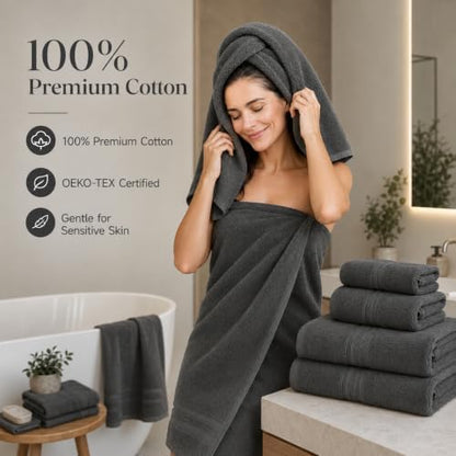REDKISS Dark Gray Towels Set 6 Piece Cotton Towel Sets with 2 Bath Towels, 2 Hand, 2 Washcloths, 650GSM Hotel Quality, Soft, Highly Absorbent Towels for Bathroom Gym, Ideal Everyday Use