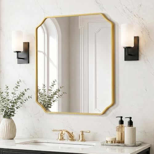 Delma Bathroom Vanity Mirror, Black Framed Aluminum Bathroom Mirror for Over Sink, Scalloped Round Corner Wall Mirror, High-Definition Vanity Mirror, Hangs Horizontally or Vertically (30x24,Gold)