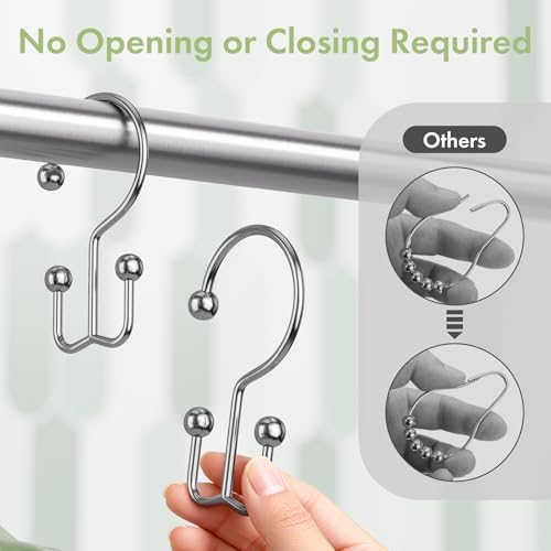 Amazer Chrome Shower Curtain Hooks, 12PCS Minimalist Simple Double Shower Curtain Rings, Rust-Resistant Metal Shower Hooks Shower Curtain Hangers, Shower Rings for Bathroom Shower Rods Curtains