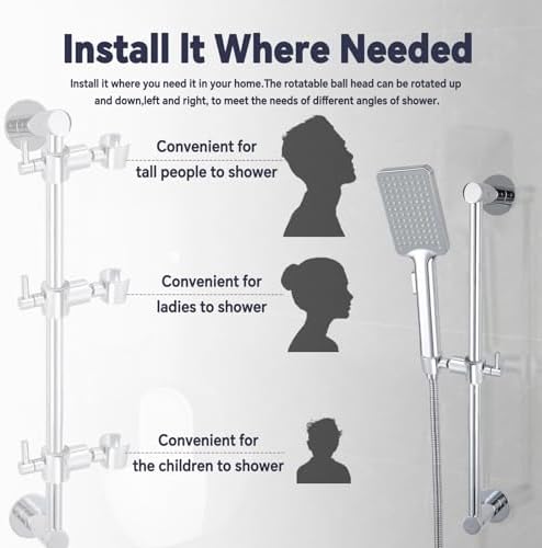 Shower Slide Bar Adjustable Handheld Shower Head Holder Wall Mount - 15inch All-Metal Shower Head Slide Bar Compatible with Bathroom Drill Free Glue Installation - Polished Chrome