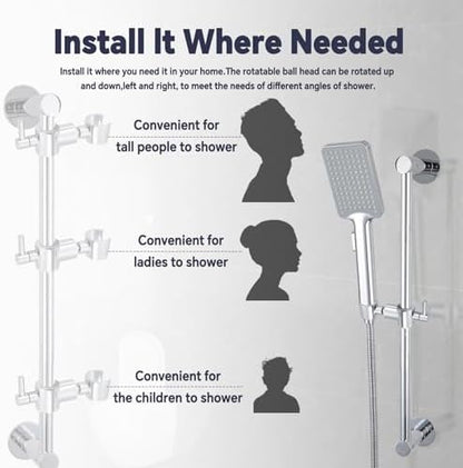 Shower Slide Bar Adjustable Handheld Shower Head Holder Wall Mount - 15inch All-Metal Shower Head Slide Bar Compatible with Bathroom Drill Free Glue Installation - Polished Chrome
