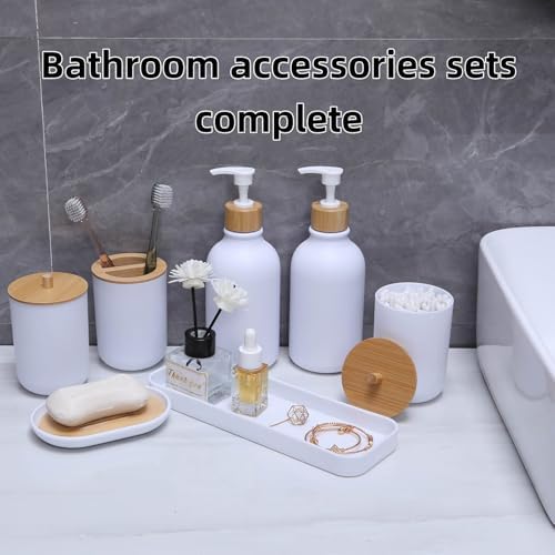 Matte White Bathroom Accessories Set 9PCS,Bamboo Bathroom Accessories Sets Complete with Trash Can,Soap Dispenser and Toothbrush Holder Set,Toilet Brush,Qtip Holder,Vanity Tray,Soap Dish