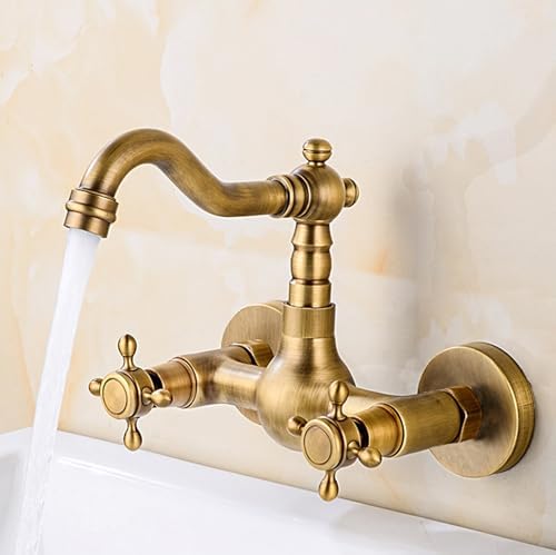Antique Brass Bathroom Faucet & Kitchen Mixer Tap 180° Swivel Wall-Mounted Sink with Double Handles Elegant Design for Modern and Vintage Decor