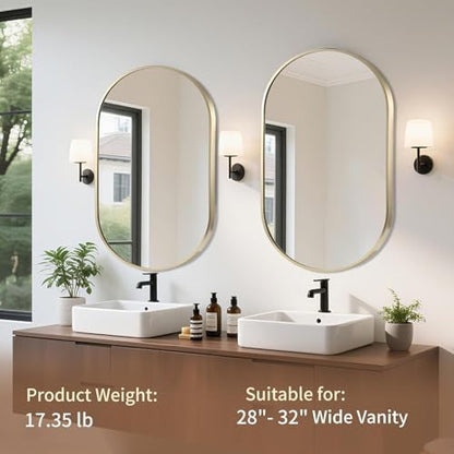 Gold Oval Mirror, 24"x36" Oval Bathroom Mirror, Vanity Mirror with Brushed Metal Frame, Wall Mount Mirrors Decor for Bathroom, Bedroom, Entryway, Living Room(Hangs Horizontally or Vertically)