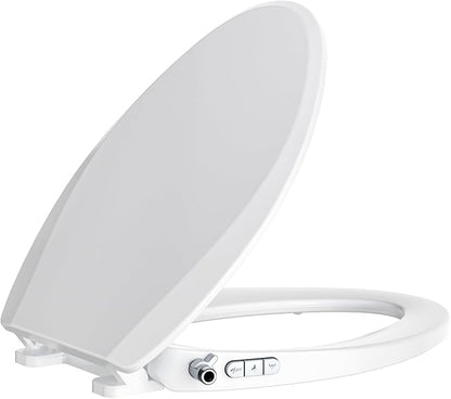 Bidet Toilet Seat, Soft Close Toilet Seat, Button control Feminine/Posterior Wash Switch, Knob Control Water Pressure,White Bidet Seat Attachment with Brass inlet (Elongated-D)