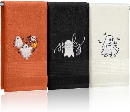 FuWeave 3 Pcs Black Orange Halloween Ghost Hand Towels for Bathroom