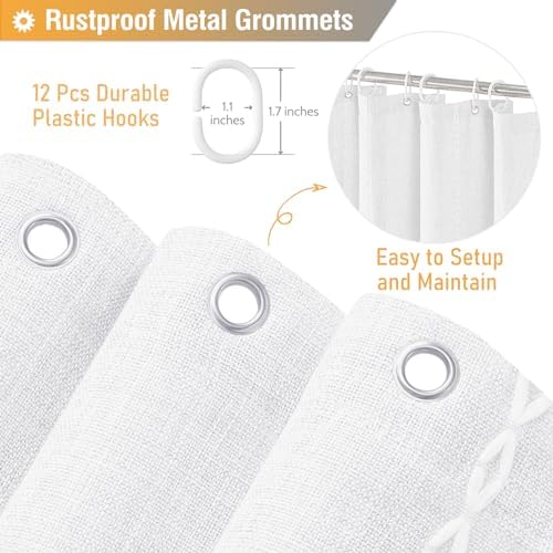 BTTN White Boho Farmhouse Linen Heavy Duty Cloth Shower Curtain Set, 72x72