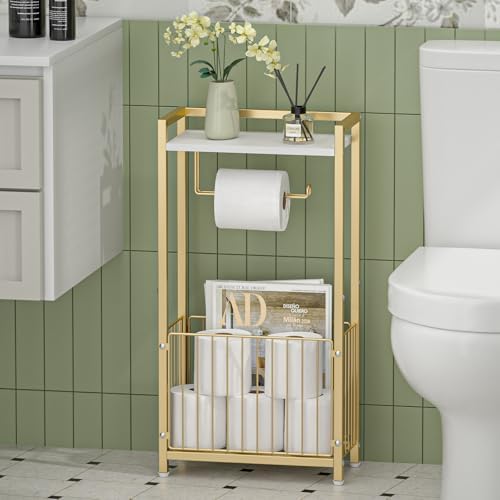Freestanding Toilet Paper Holder with Storage Shelf, Gold