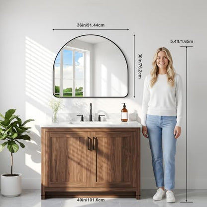 GLASHOM Arched Bathroom Vanity Mirror, 36"x30" Black Frame Wall Mirror