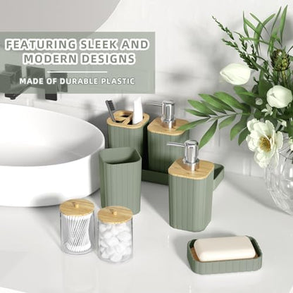 XLHOMO Bathroom Accessories Set - Elegant Sage Green Bathroom Set, 10PC Bathroom Accessory Set, Toilet Brush, Trash Can, Qtip Holder Dispenser & Soap Dispenser