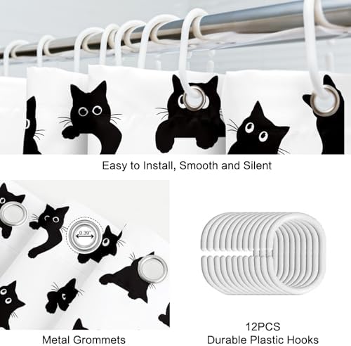 APROPHIC Cute Cat Shower Curtain 72x72 Inches, Funny Black Kitten Pattern Waterproof Polyester Bathroom Decor for Bathtub, Machine Washable Privacy Curtain for Bathroom, Bedroom with 12 Hooks