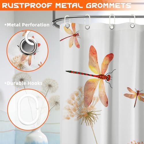 Orange Dandelion Shower Curtain Spring Dragonfly White Watercolor Shower Curtains for Bathroom Decor, Waterproof Cloth Fabric with Hooks 70" Wx72 L