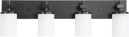 LOUSACE Bathroom Lighting Fixtures Over Mirror 4 Light Bathroom Vanity Lights Matte Black, Wall Vanity Lighting Fixture with Opal White Glass Shades for Vanity Cabinet
