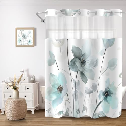 No Hook Shower Curtain and Liner Set, Teal Blue Boho Floral 71x77