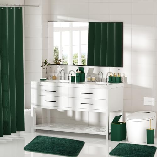 Bathroom Sets with Shower Curtain and Rugs - Elegant Bathroom Set, 27PC Bathroom Accessories Set, Green Bathroom Set, Mini Trash Can, Toilet Brush, Trash Can & Soap Dispenser