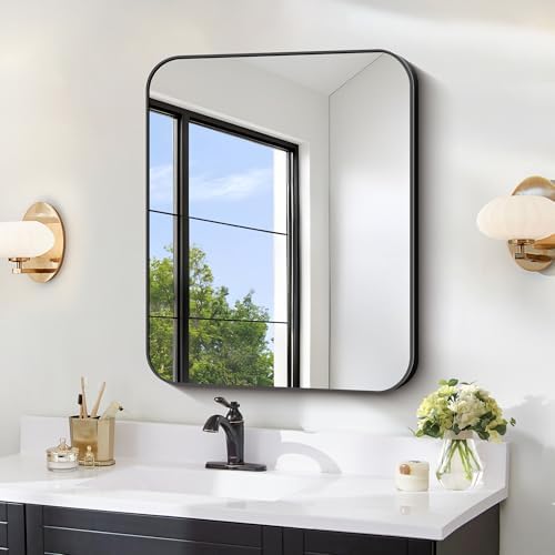 FORBATH Bathroom Mirror for Over Sink 24x30 Inch Black, Rectanglar Wall Mirror with Metal Frame, Rounded Corners for Bathroom, Bedroom, Entryway Decor (Horizontal or Vertical)