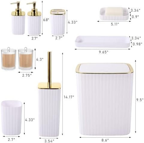 XLHOMO Bathroom Accessories Set - Gorgeous Bathroom Set, 10PC White Bathroom Accessory Set, Toilet Brush, Trash Can, Qtip Holder Dispenser & Soap Dispenser