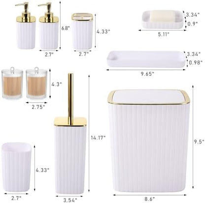 XLHOMO Bathroom Accessories Set - Gorgeous Bathroom Set, 10PC White Bathroom Accessory Set, Toilet Brush, Trash Can, Qtip Holder Dispenser & Soap Dispenser