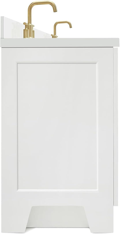 ARIEL Taylor 66-inch Bathroom Vanity with Sink,Solid Wood, 1.5-inch Pure White Quartz Countertop & Backsplash, Double Oval Porcelain Sink, 4 Soft Closing Doors, 5 Dovetail Drawers, Satin Brass, White