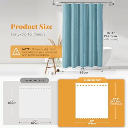 BTTN 72x96 Extra Long Boho Linen Heavy Duty Cloth Shower Curtain Set, Teal