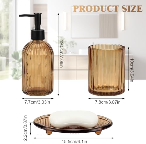 Glass Bathroom Accessories Set, 4Pcs Bathroom Accessories Sets Complete Lotion Soap Dispenser, Toothbrush Holder, Mouthwash Cup, Soap Dish for Bath Decor, Countertop Vanity Organizer (Amber)