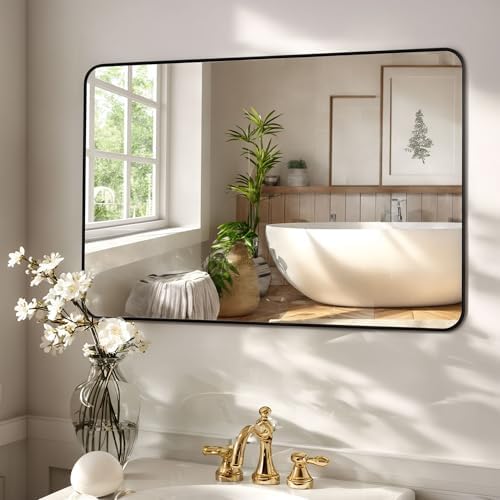 Antok Bathroom Mirror, 48"x32" Wall Mirror, Decorative Mirrors Vanity Mirror Aluminum Alloy Frame Contemporary Rectangular Hanging Mirror for Living Room Bathroom Entryway,Black,Round Corner