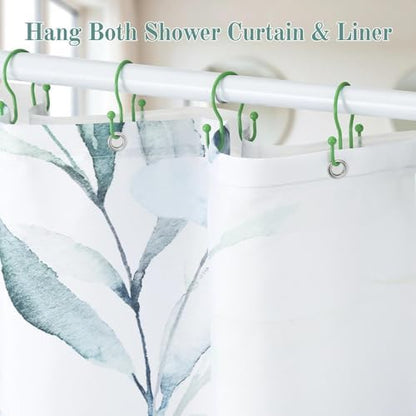 Goowin Shower Curtain Hooks, 12 Pcs Shower Curtain Rings, Stainless Steel Shower Curtain Hangers, Metal Shower Curtain Hooks Rings Rust Proof, Minimalist Shower Hooks for Shower Curtain, Green
