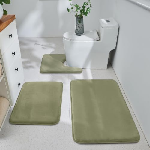 HUXMEYSON 3-Piece Memory Foam Bathroom Rug Set, Olive Green