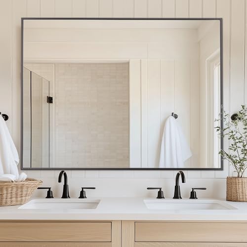 Antok 48x30 Black Metal Framed Bathroom Mirror, Wall Mirror with Rect Corners, Vanity Mirror for Over Sink, Anti-Rust Tempered Glass, Horizontal/Vertical Hanging for Bathroom, Living Room, Entryway