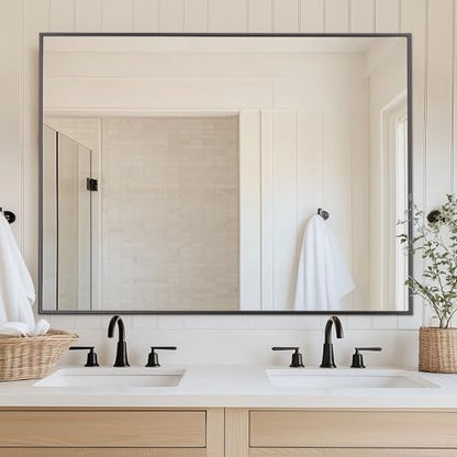 Antok 48x30 Black Metal Framed Bathroom Mirror, Wall Mirror with Rect Corners, Vanity Mirror for Over Sink, Anti-Rust Tempered Glass, Horizontal/Vertical Hanging for Bathroom, Living Room, Entryway