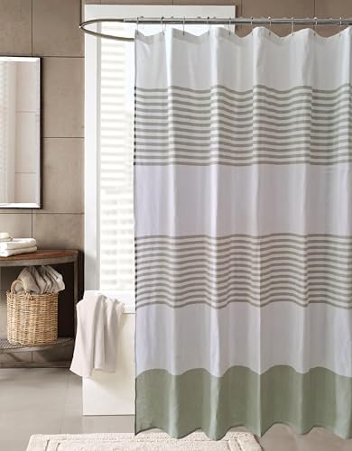 Serafina Home Sage Light Green & White Striped Cotton Shower Curtain